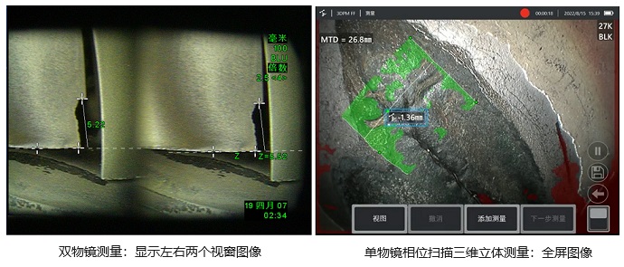 工業(yè)用測量內(nèi)窺鏡的雙物鏡、雙目、單物鏡測量技術示意圖